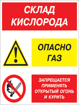 Кз 14 Склад кислорода. опасно газ - запрещается применять открытый огонь и курить. (пленка, 400х600 мм) - Знаки безопасности - Комбинированные знаки безопасности - . Магазин Znakstend.ru